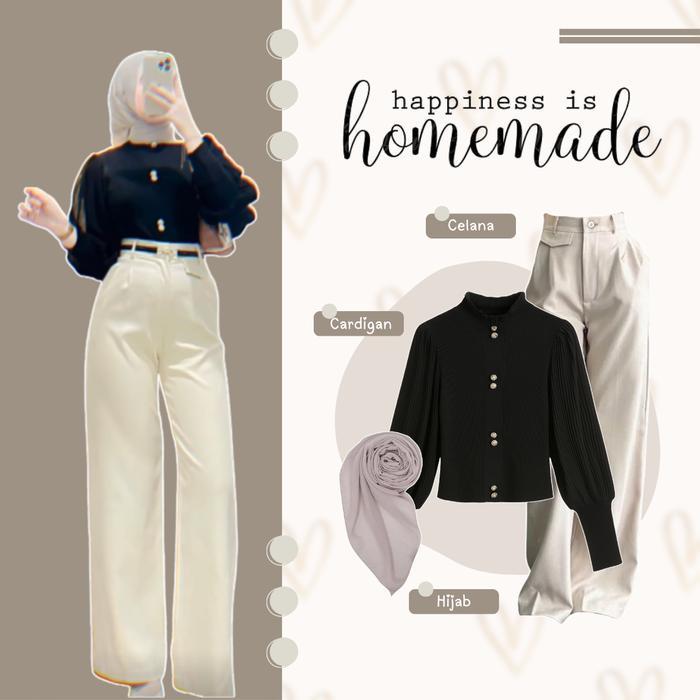 Satu Set Outfit Wanita Lucu Kekinian Atasan Cardigan Rajut Casual , Celana Knit Panjang , Hijab