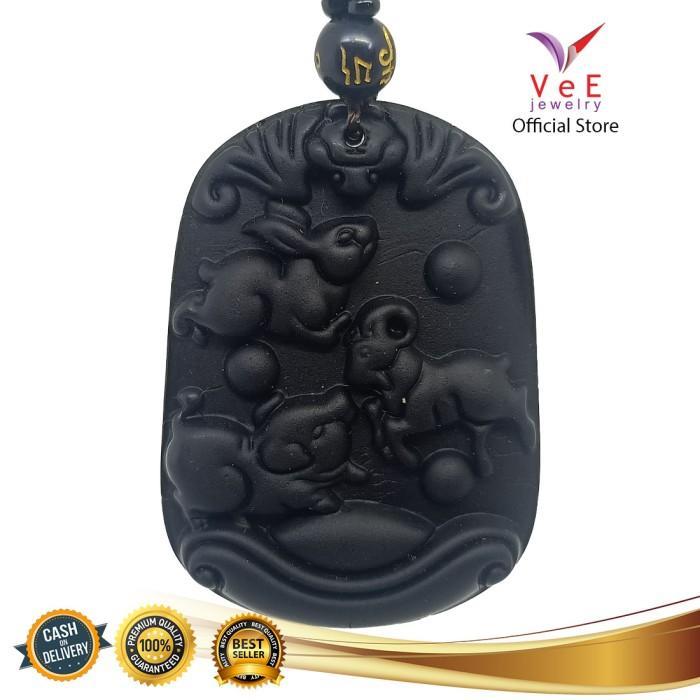 MURAH Kalung Liontin Batu Giok Hitam Asli Cina Shio Kelinci Kambing Babi