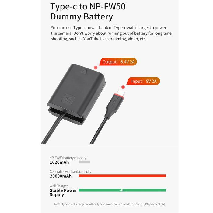 Kingma Dummy Battery To Usb-C Dr-Fw50 For Replace Sony Mirrorless Battery Np-Fw50 - Battery Kamera