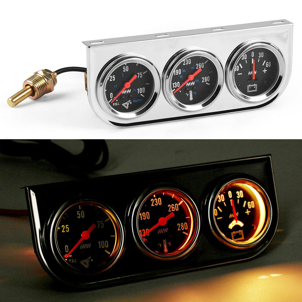 2" CHROME PANEL OIL PRESSURE WATER TEMP AMP METER TRIPLE AUTO GAUGE SET WITH WHITE FACE TT101324