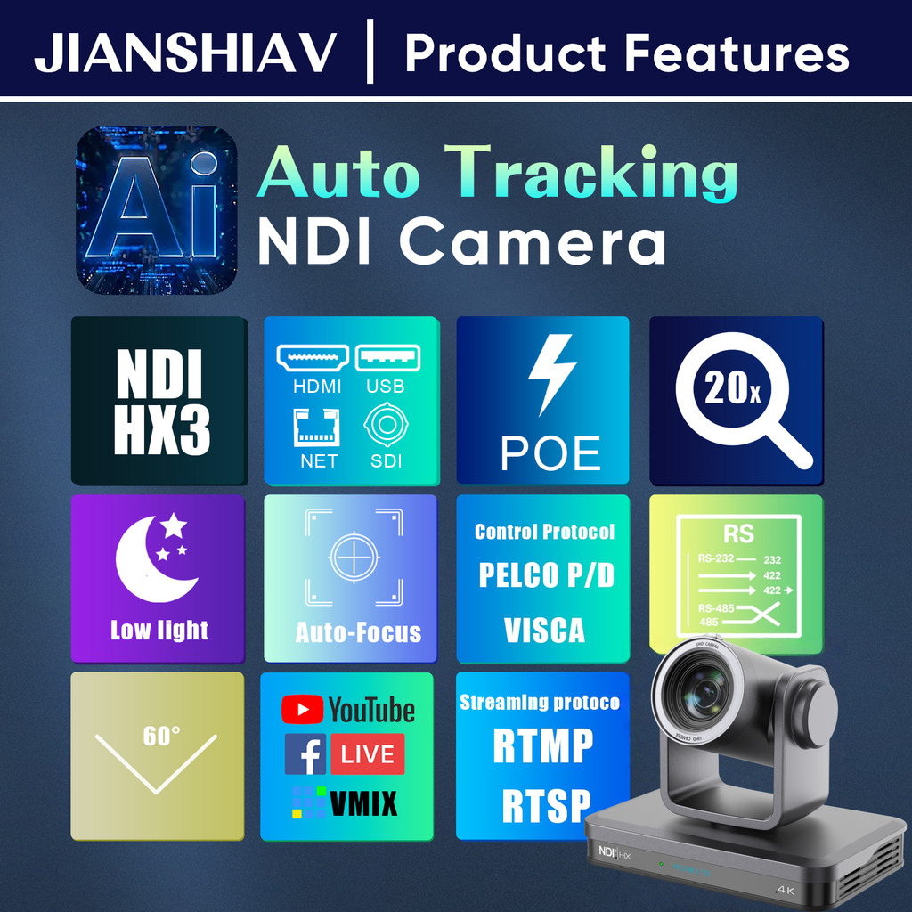 JSAV 4K 60fps PTZ Camera 30X 20X 12X Zoom NDI HX3 for AI Tracking Video Conferene camera And Live