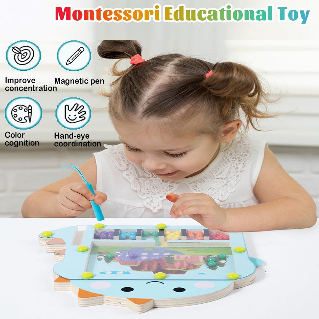 Magnetic Color Maze Montessori Wooden Educational Sorting Toy Magnetic Bead Maze Puzzle Drawing