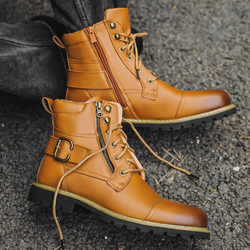 Quality Men Leather Boots Metal Double Zipper Motorcycle Boots Oxford Business Men Ankle Boots
