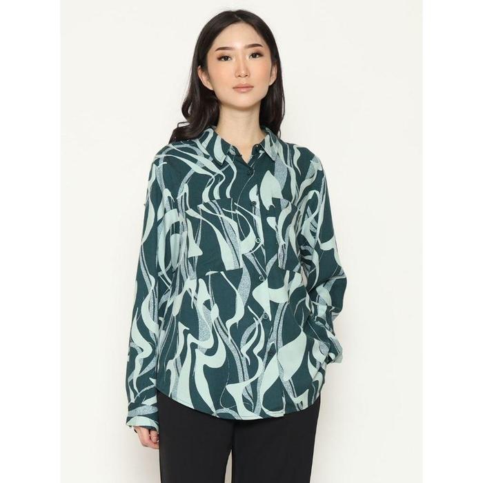 Urban Exchange Shirt Cherry Printed Green - Printed Shirt Kemeja Oversize Lengan Panjang