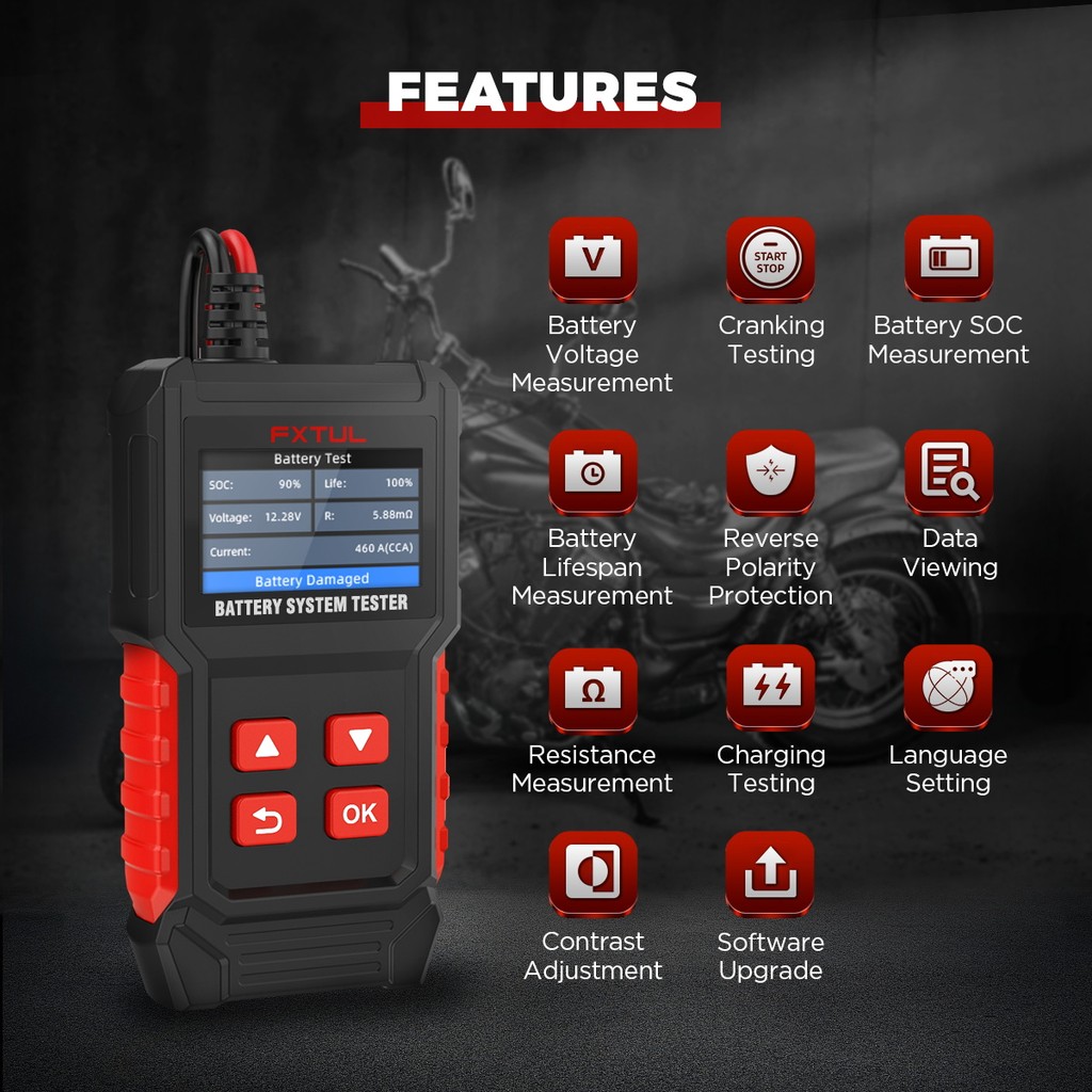 FXTUL BT50 Motorcycle Battery Tester Dual-Conductor Charging Scanner With 2.4 inch LCD Display