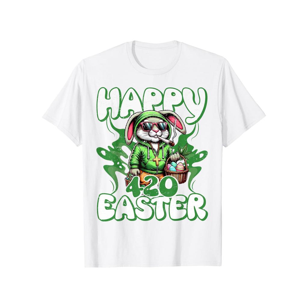Men'S Happy 420 Easter Bunny Graphic T-Shirt- Funny Smoking Rabbit Design, White Cotton Casual Tee f