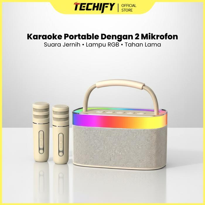 Speaker Karaoke 2 Mikrofon Speaker Bluetooth Mini Portabel dengan Efek Pengubah Suara dan Lampu LED