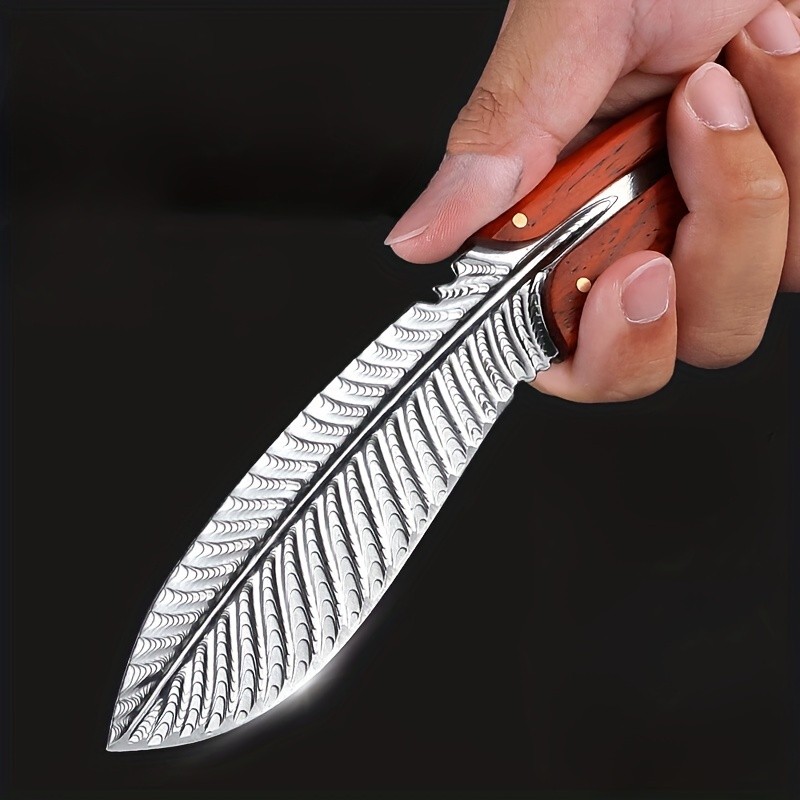 XTL feather pattern fruit knife, damascus steel forging knife, outdoor self-defense knife rope cutti