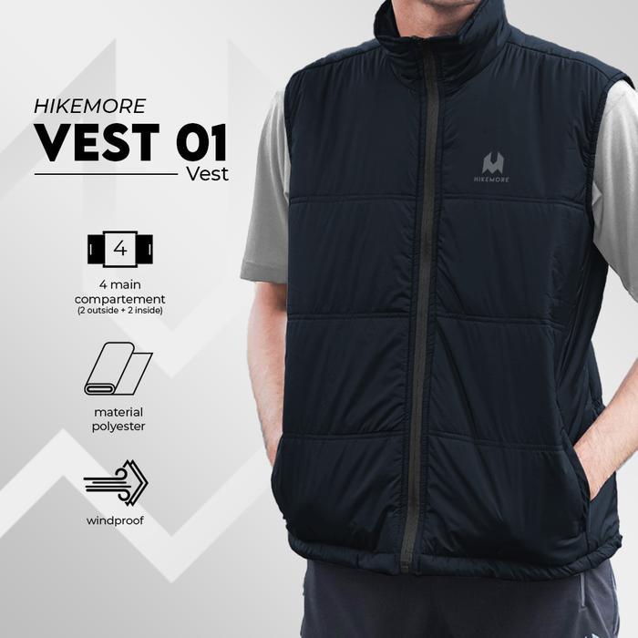 HIKEMORE Vest Rompi Outdoor 01 Pria Wanita Polyester Dacron 4oz, Hangat, Zipper, Banyak Kantong
