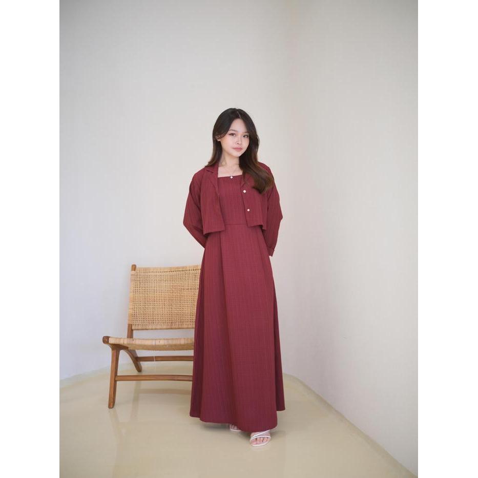 Nara Long Dress One Set Blazer / Casual Dress Wanita Pinggang Karet / Gamis Dress Blazer