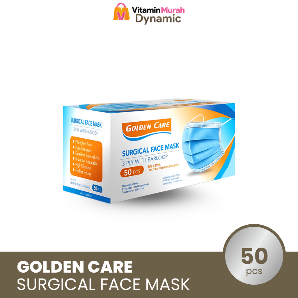 MASKER GOLDEN CARE 3 PLY WITH EARLOOP BFE 99 % 1 BOX ISI 50 PCS