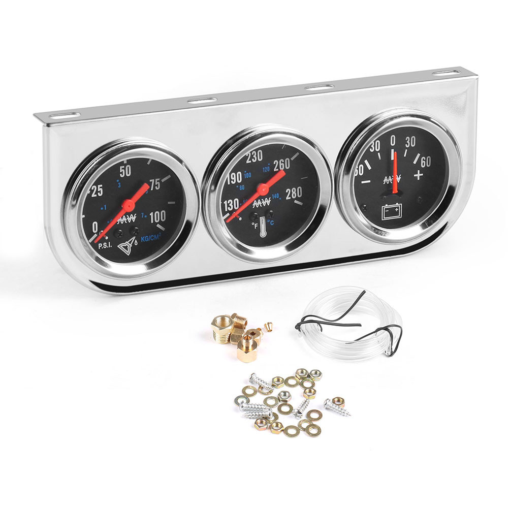 TRIPLE AUTO GAUGE SET OIL PRESSURE WATER TEMP AMP METER 2" CHROME PANEL WITH WHITE FACE TT101324