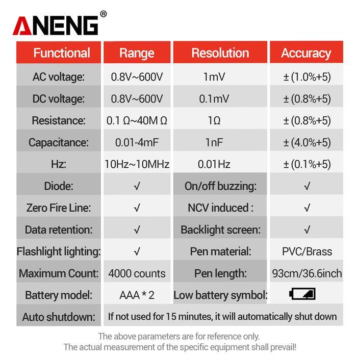 Murah Aneng A3006 Pen Type Digital Multimeter 4000 Count Tester Zero Fire