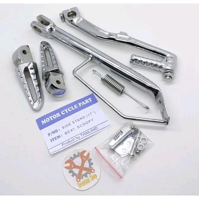 Standar Samping Chrome Ring 17 + Selahan Chrome + Footstep Vario Chrome untuk Motor Beat , Vario ,