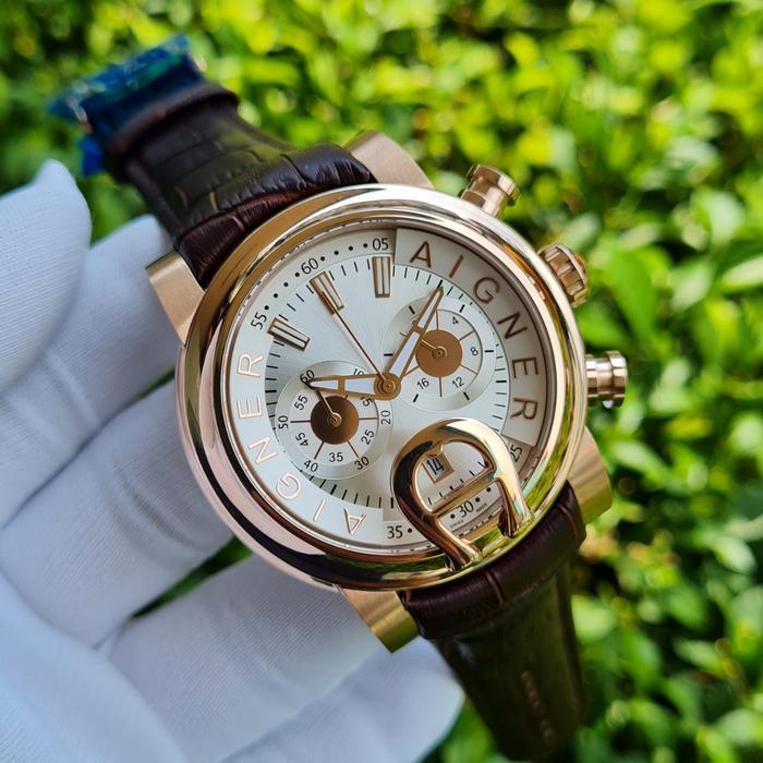 (Jual-1225) Jam Tangan Pria Aigner Bari A37500 Strap Leather Black Dial White