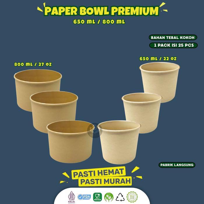 [25 Pcs] Paper Bowl 800Ml Food Grade / Rice Bowl Kraft Tanpa Tutup / Paper Bowl Food Grade / Mangkuk