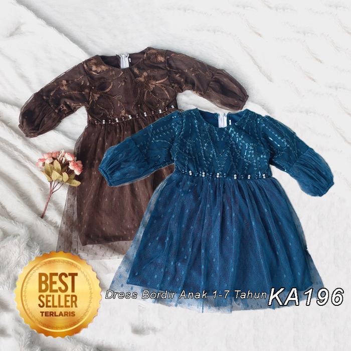 Gaun Brukat Emerald Blue Dress Lebaran Anak Mewah 2026 Dress Bordir Premium Coklat Mahogany Dark