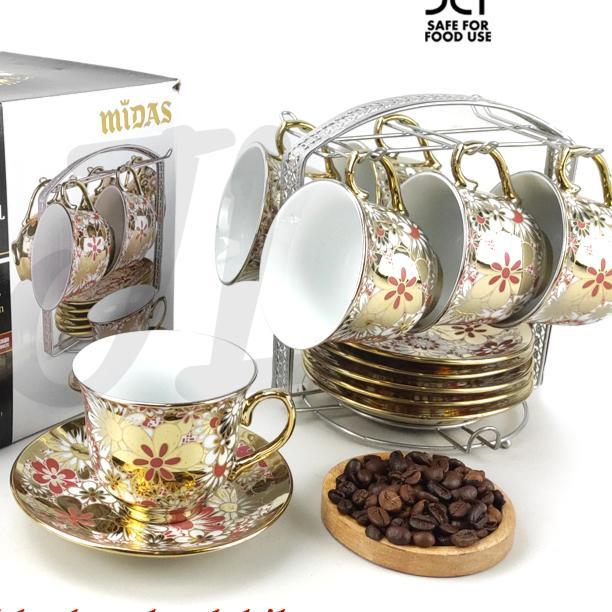 Cangkir Set I Tea Set Midas Gold Flower 13 Pcs + Rack