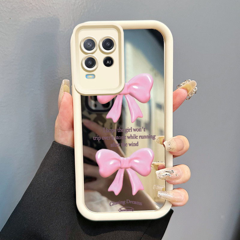Casing Hp Untuk OPPO A54 Case Pink bow 3D Tiga Dimensi Cesing Mirror Kasing Kemudahan cermin Kesing 