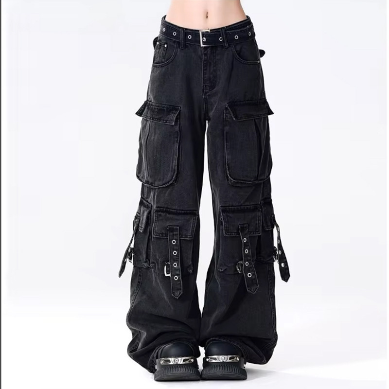 Women's Black Baggy Cargo Jeans Harajuku Oversize Denim Trousers Y2k 90s Vintage 2000s Jean Pants