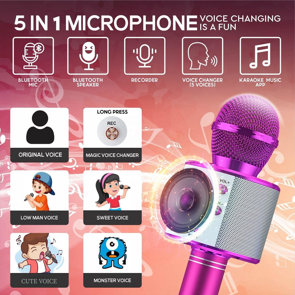 Karaoke Microphone for Kids & Adults Wireless Bluetooth Singing Mic with Disco, Built-in Speaker for