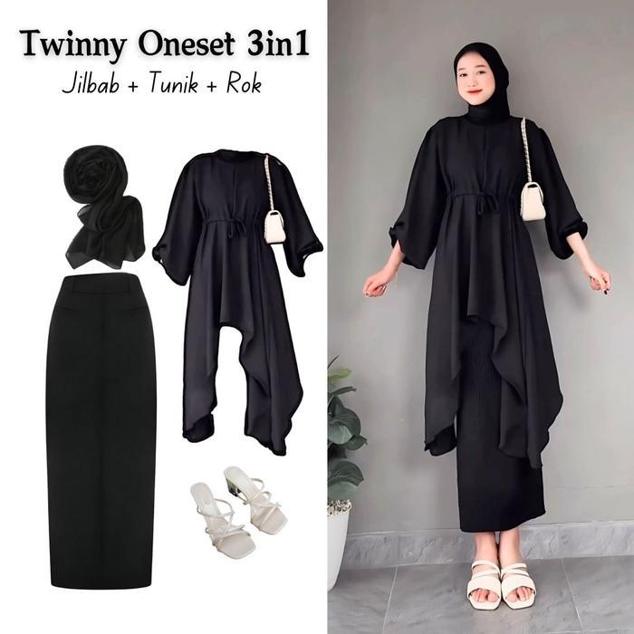 Sale- One Set 3In1 Baju Panjang Tunik Hitam Rok Span Hitam Jilbab Bella Ootd Outfit Oneset Lebaran