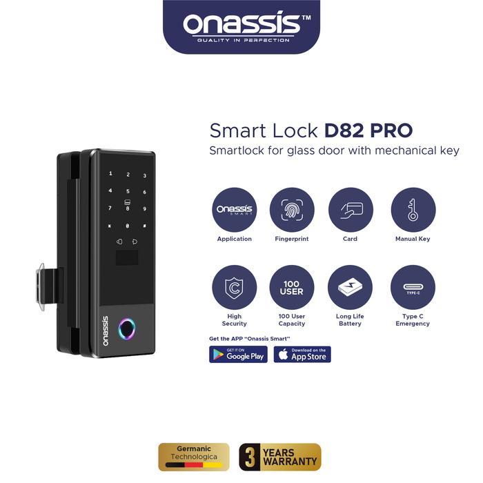 ONASSIS D82 PRO SMART LOCK UNTUK PINTU KACA DENGAN KUNCI MANUAL & FINGERPRINT,PASSWORD, CARD RFID