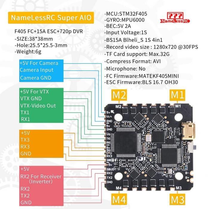 NameLessRC Super AIO FC ESC DVR F4 4in1 15A 1s Whoop Flight Controller