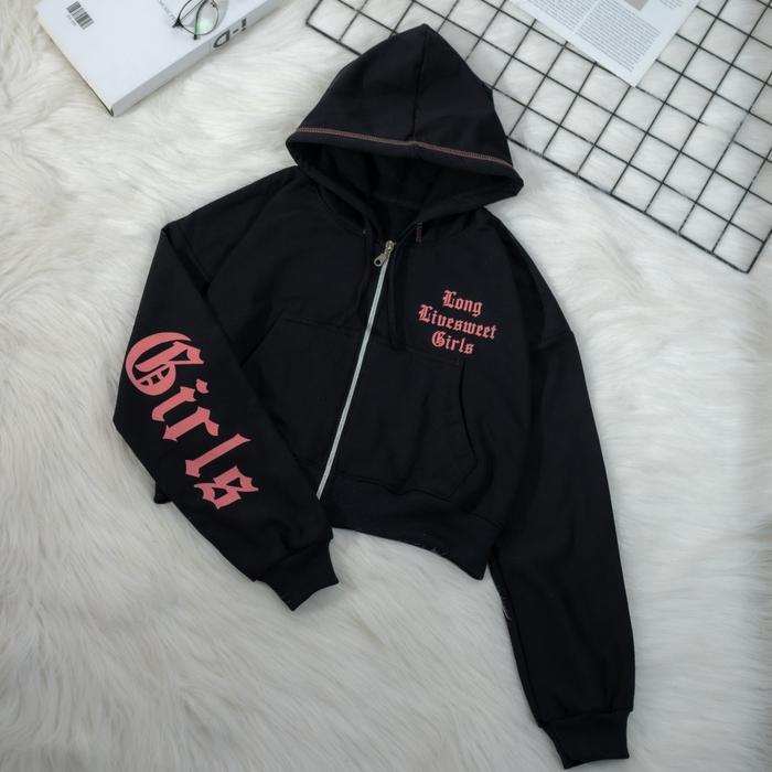 ZY - LONG GIRL Jaket Crop Hoodie Wanita Korean Style Hitam