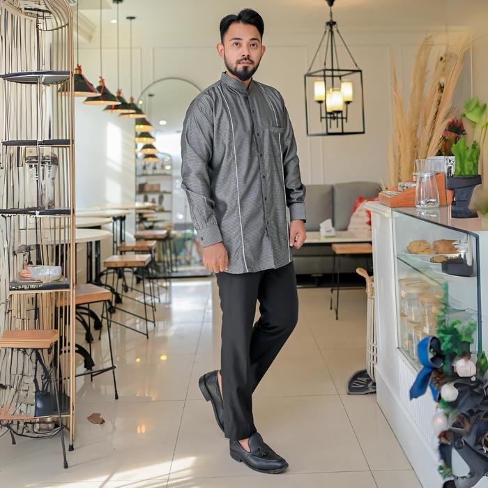 Rev Jas Koko Pria Motif Kotak List Putih Fashion Muslim Pria Dewasa Semi Wool