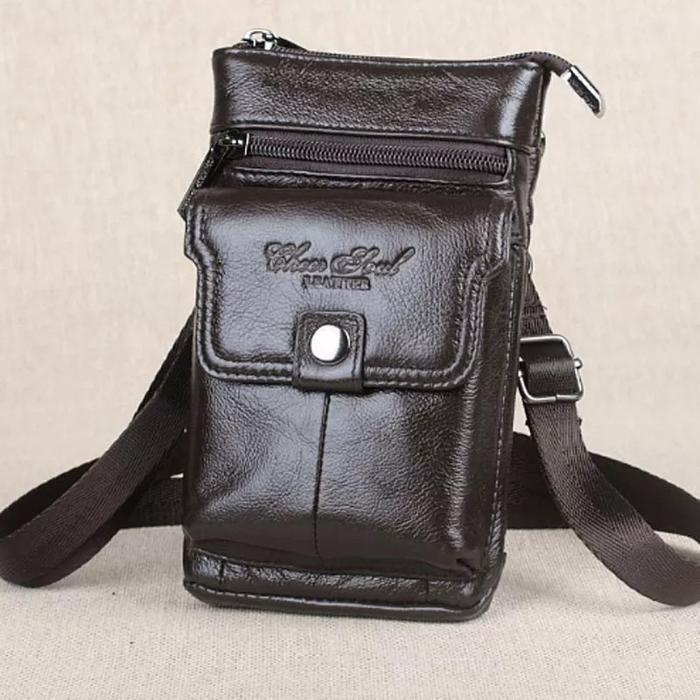 Waist Bag Pria Tas Selempang Mini Kulit Asli Dompet Hp Pinggang Kulit Pria Hpo 3228 Hitam