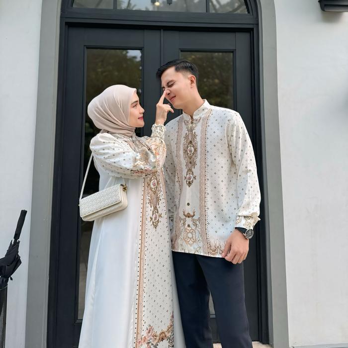 Couple Pasangan Lebaran Sarimbit Kayrina Baju Muslim Kondangan Motif Printing Elegan Pasti Ori