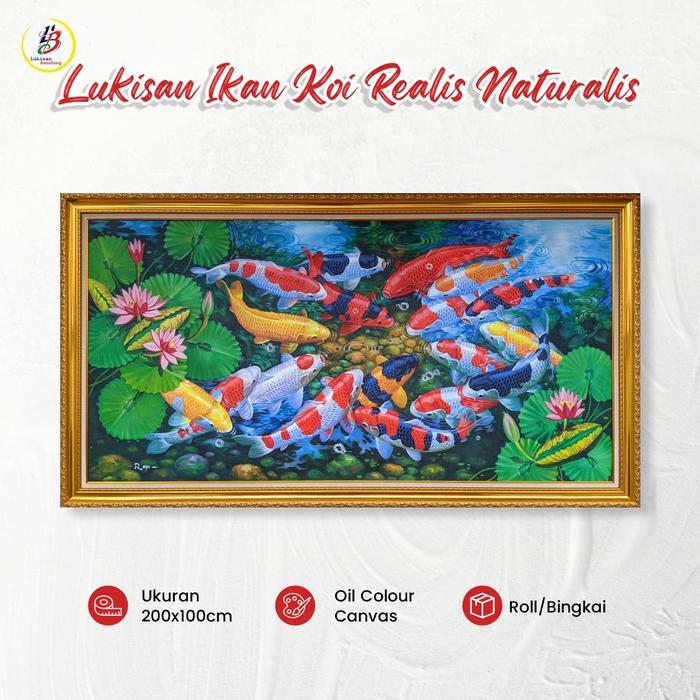 Lukisan Ikan Koi Hoki Ukuran Besar 200x100 Roll Lukisan Non Bingkai Dekorasi Hiasan Dinding