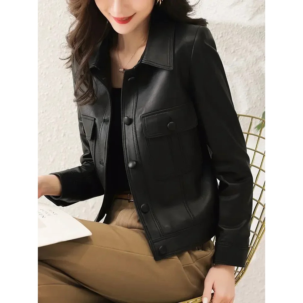 Jaket Kulit PU Wanita Musim Gugur/Dingin 2023, Model Kerah Lipat, Keren, Cardigan, Lengan Panjang, M