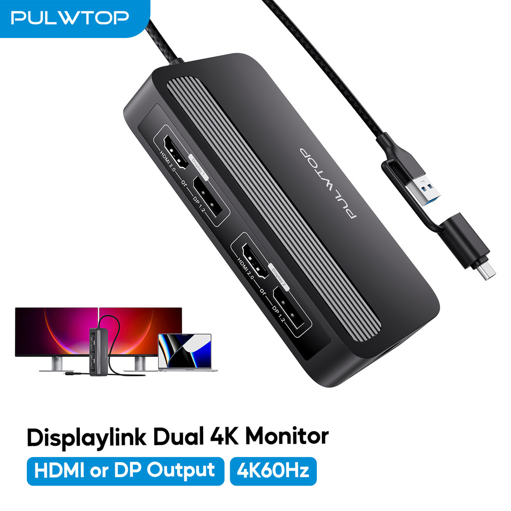 PULWTOP Dual DisplayLink Docking Station with DisplayPort or HDMI, 2 USB A 2.0, Ethernet for MacBook