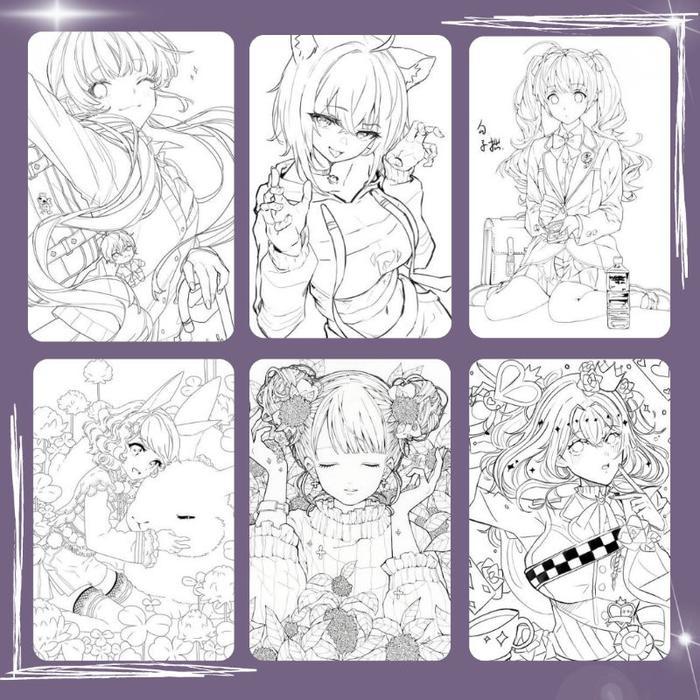 50 Lembar Gambar Sketsa Mewarnai Anime Cewek