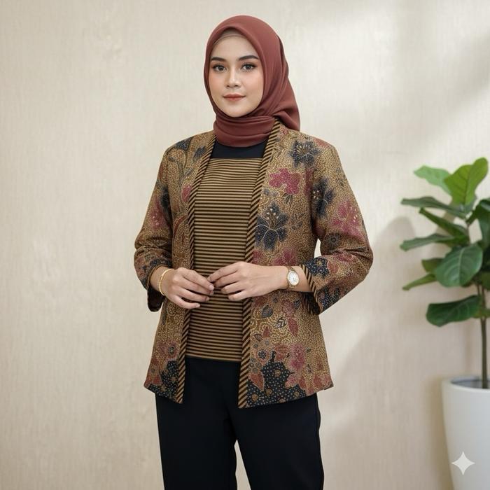 Atasan Batik Blouse Wanita Bordiran Premium Kain Katun Kombinasi Tenun Elegan L Batik Cewe Mewah
