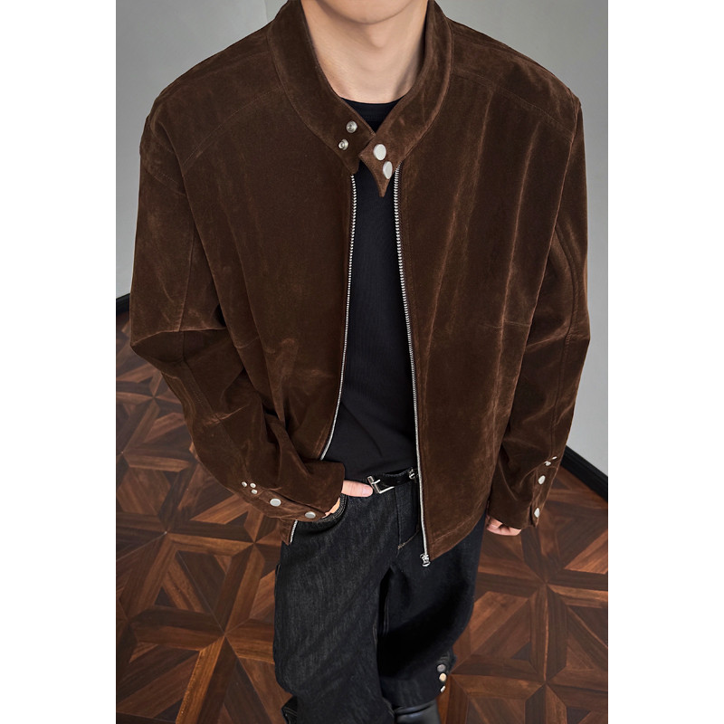 Vintage Suede Biker Jacket Men Oversized Boxy Fit Stand Collar Metal Snap Button Streetwear Stand