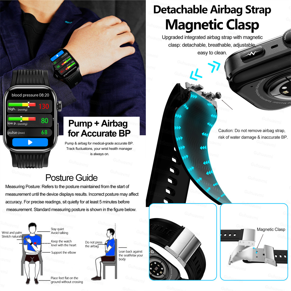 ECG Smartwatch AMOLED Screen Airbag air pump Smartwatch Blood Pressure Measure Micro physical