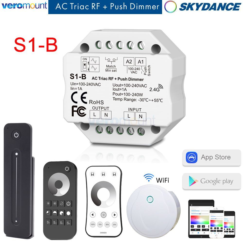 Skydance S1-B LED Dimmer 220V 110V AC Triac Dimmer Wireless RF Dimmable Push Switch 2.4G RF Remote D