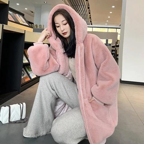 Hoodie Bulu Wanita Bulu Kucing Musim Dingin Jaket Sherpa Bulu Wanita Terbaru Baju Cewek Oversize