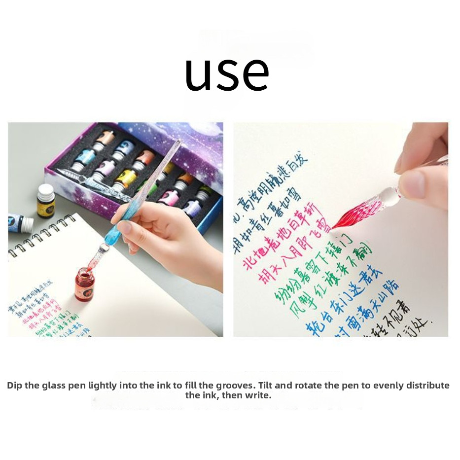 Vintage Starry Crystal Glass Dip Pen with 12 Colors Ink Set Glass Dip Pen For Art Writing Painting