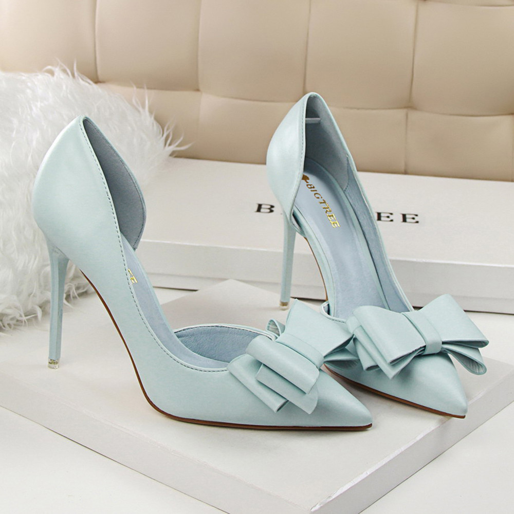 Korean Fashion Women's Shoes Wedding Bow High Heels Stiletto Heels Shallow Pointed Head Side Empty