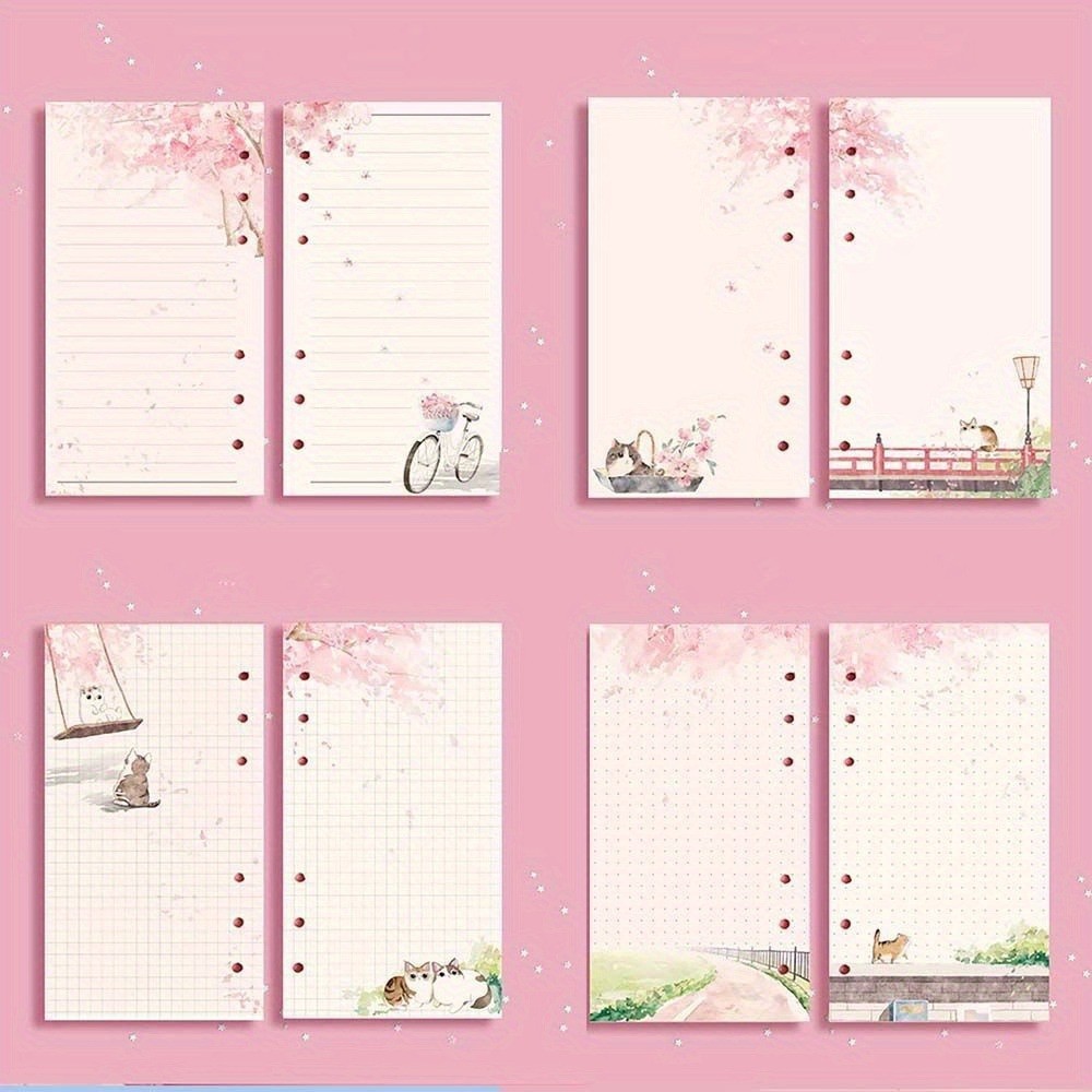 A6 Loose Leaf Paper 80 Sheets Kawaii Cat Sakura Pattern Lined Grid Blank Refill Paper Journal