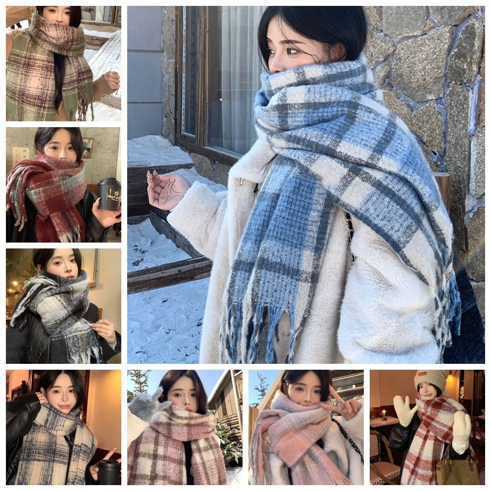 Classic Mohair Plaid Wool Scarf Tassel Winter Cashmere Scarves Korean Style Warm Long Shawl
