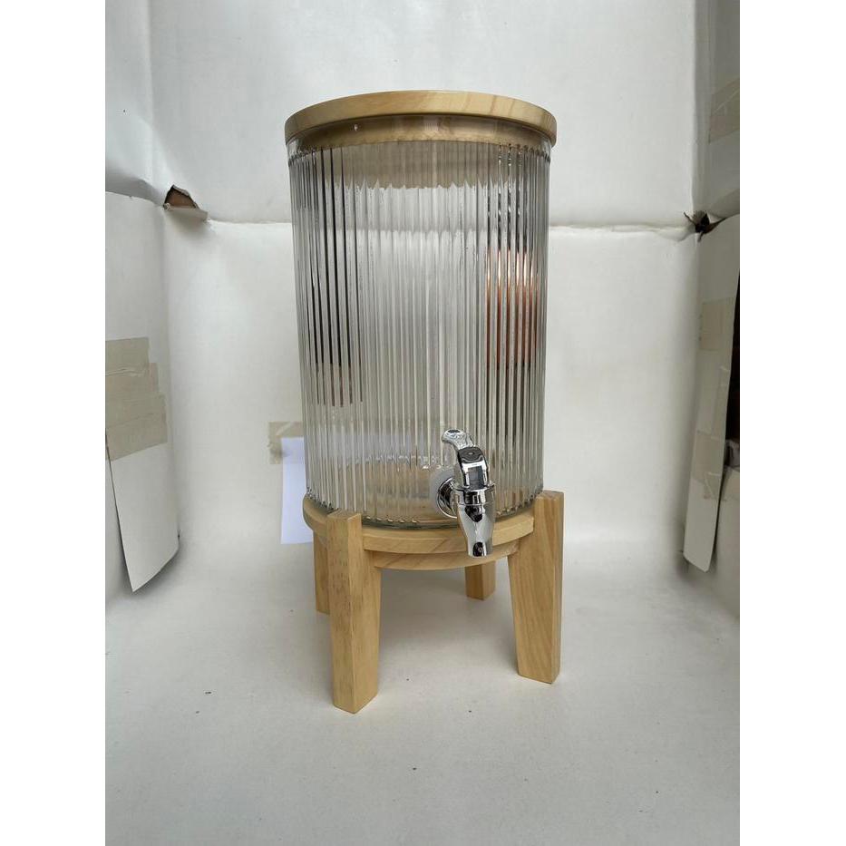 Galon / dispenser kaca estetik Cranberry 5 liter tutup kayu + kaki kayu