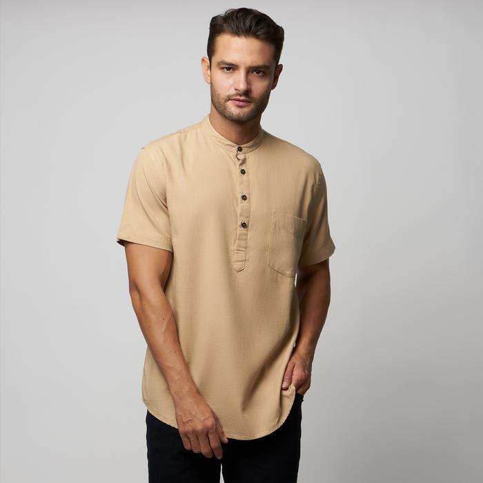 Kemeja Linen Peter Nation Kerah Sanghai Wangki Warna Khaki