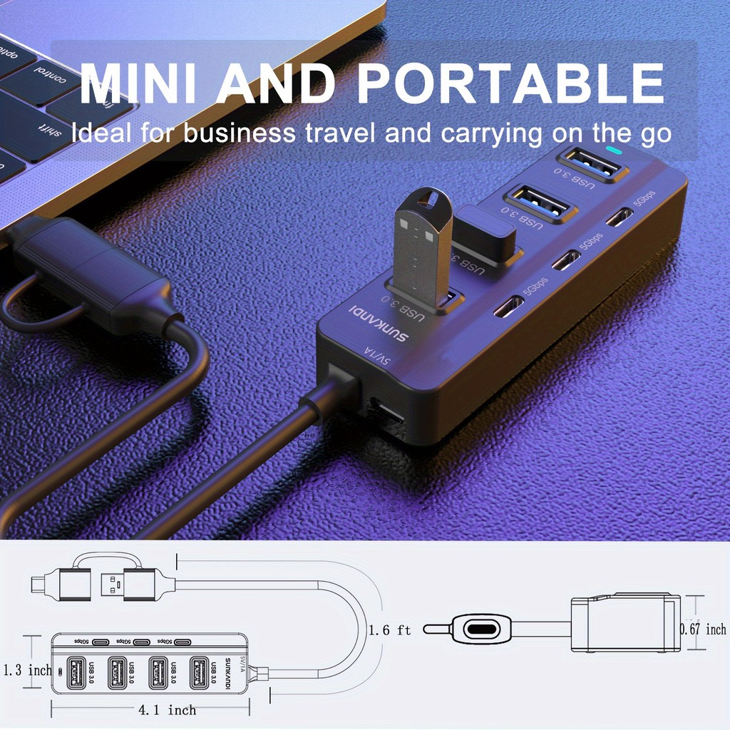 SUNKANDI USB C Hub, 7 Ports USB3.0 to USB-C HUB 4*USB3.0 Ports, 3*USB C Ports forThunderbolt 3/4