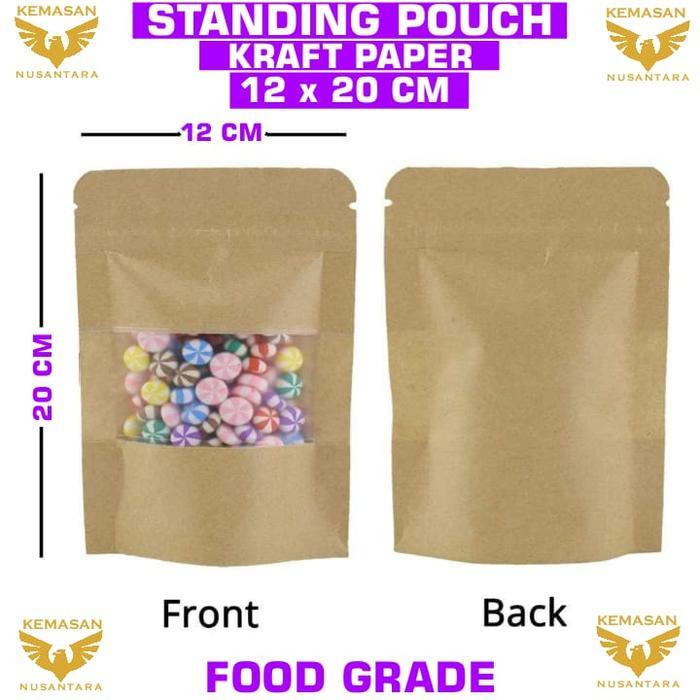 100Pcs Standing Pouch Kraft Paper 12 x 20 Kemasan Craft Paper Window Ziplok