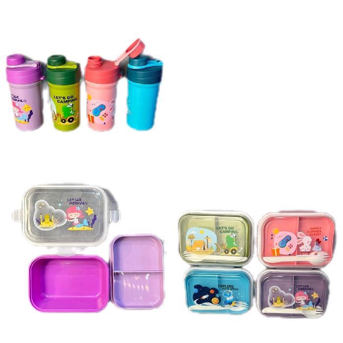 Lunch Box Anak Karakter Lucu Kotak Makan 2tingkat dan Sekat Satu Set Botol Minum